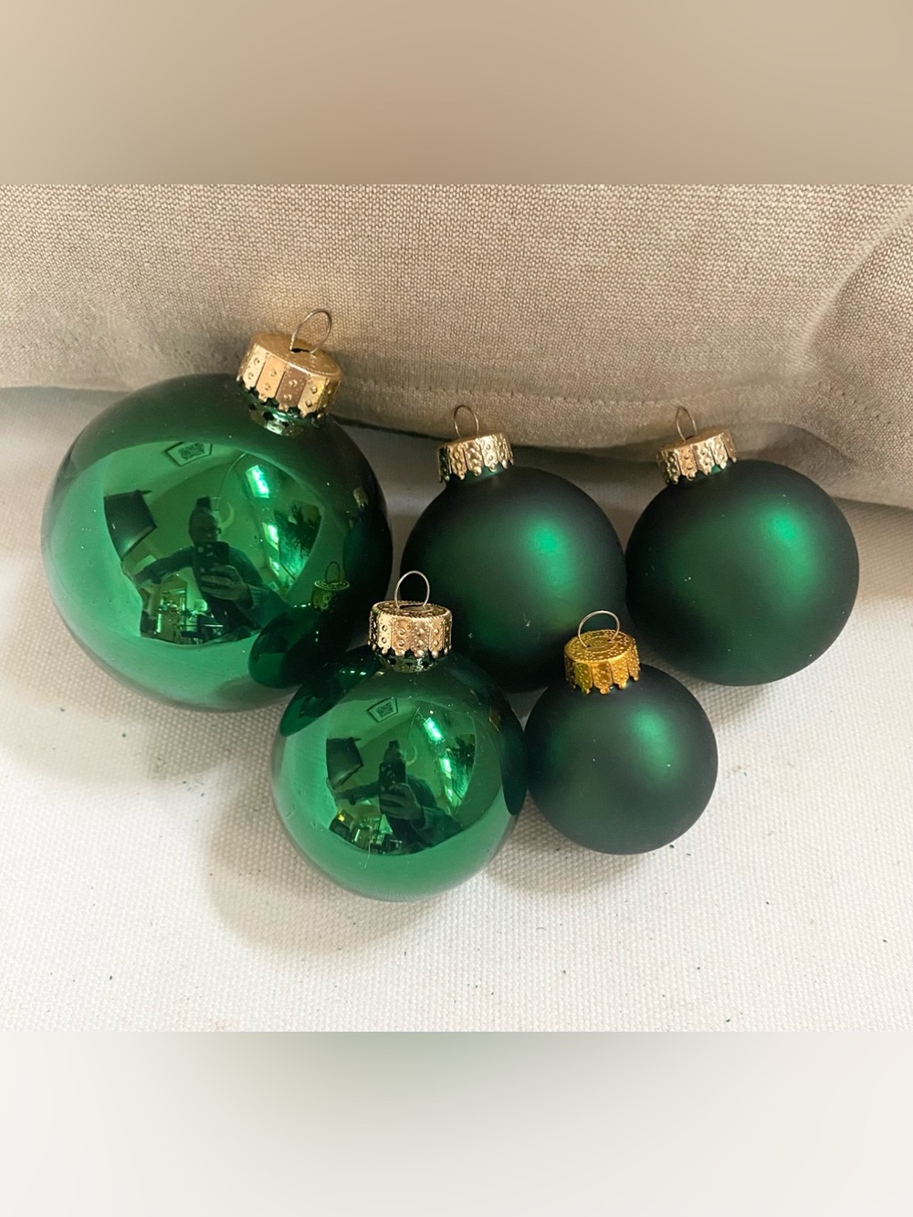 VTG Green Glass Christmas Ball Ornaments Set Mixed Finishes Gold Caps